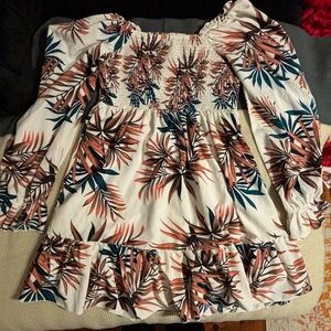 SHEIN White Tunic Dress with Teal & Rust Leaf Print
